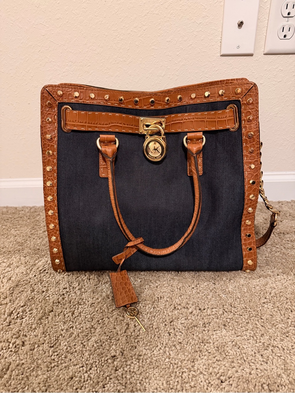Michael Kors Navy and Brown Logo Accent Tote